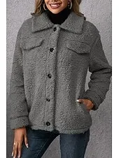 Women's Sherpa Jacket Comfortable Breathable Pocket Buttons Casual Plain Vacation Street Casual Daily Wear Single Breasted Short Turndown Regular Fit Long Sleeve Outerwear Khaki Army Green Dark Gray