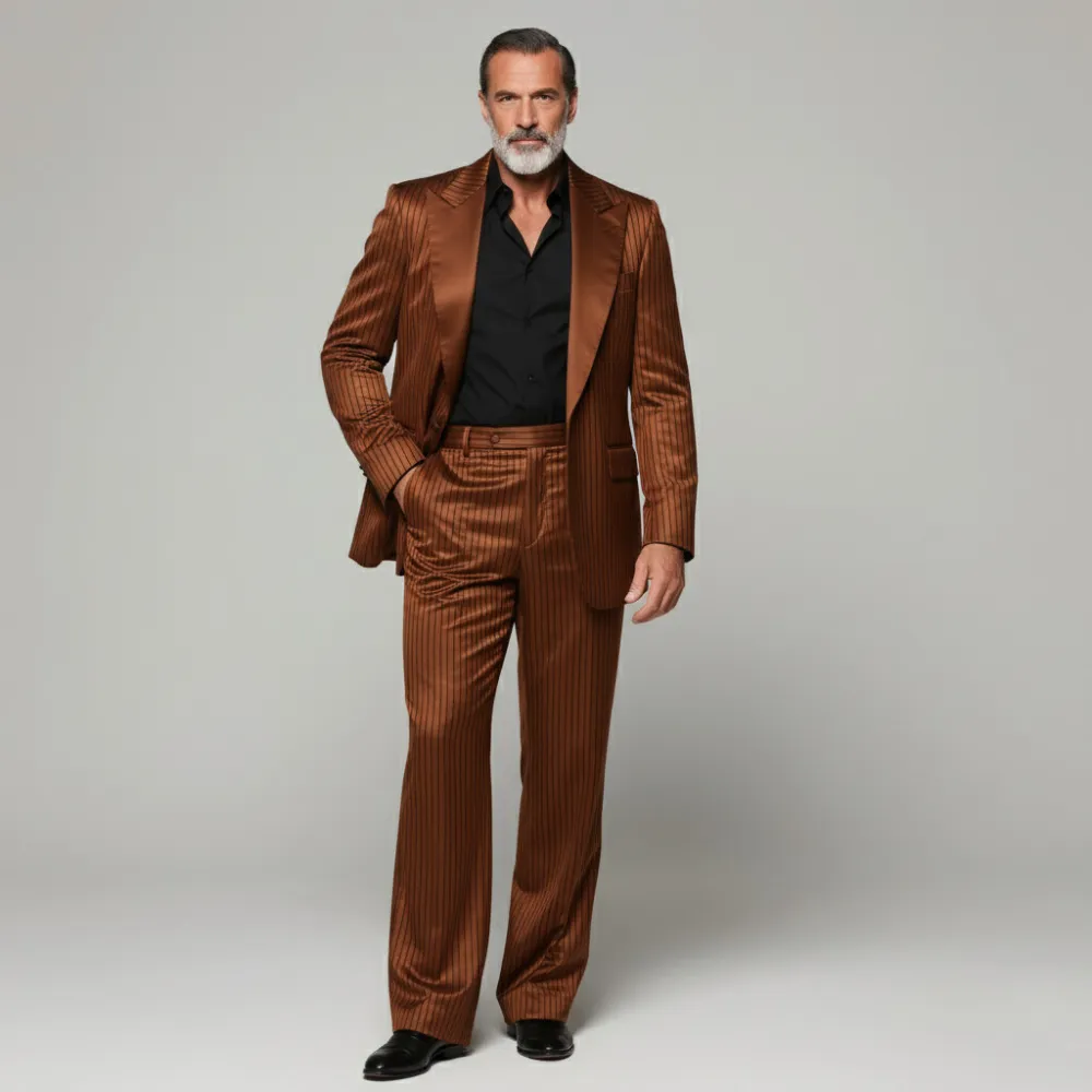 Men's Brown Pinstriped Peaked Lapel One Button Long Sleeve Satin Blazer