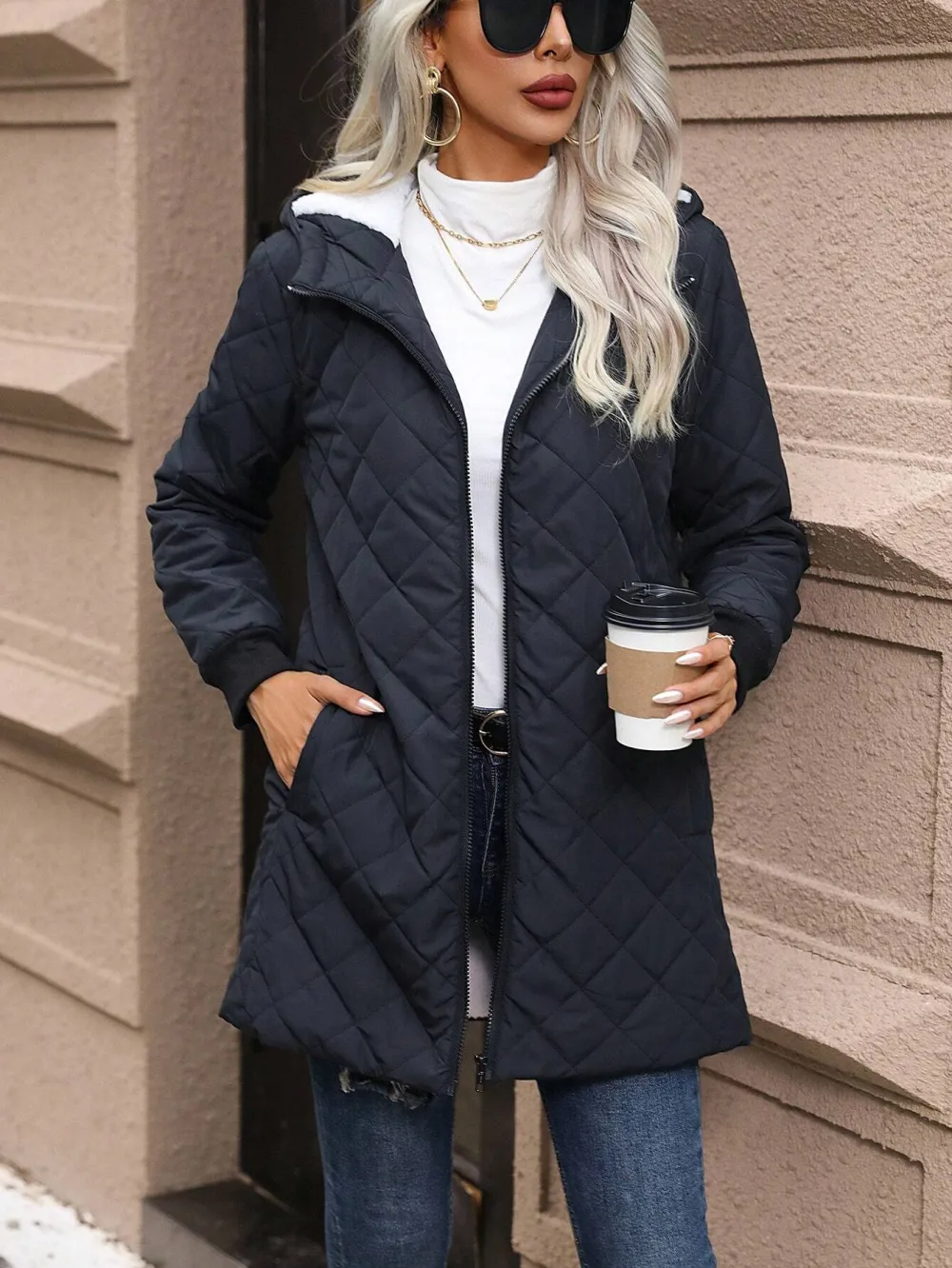 Zip Up Hooded Teddy Lined Quilted Coat