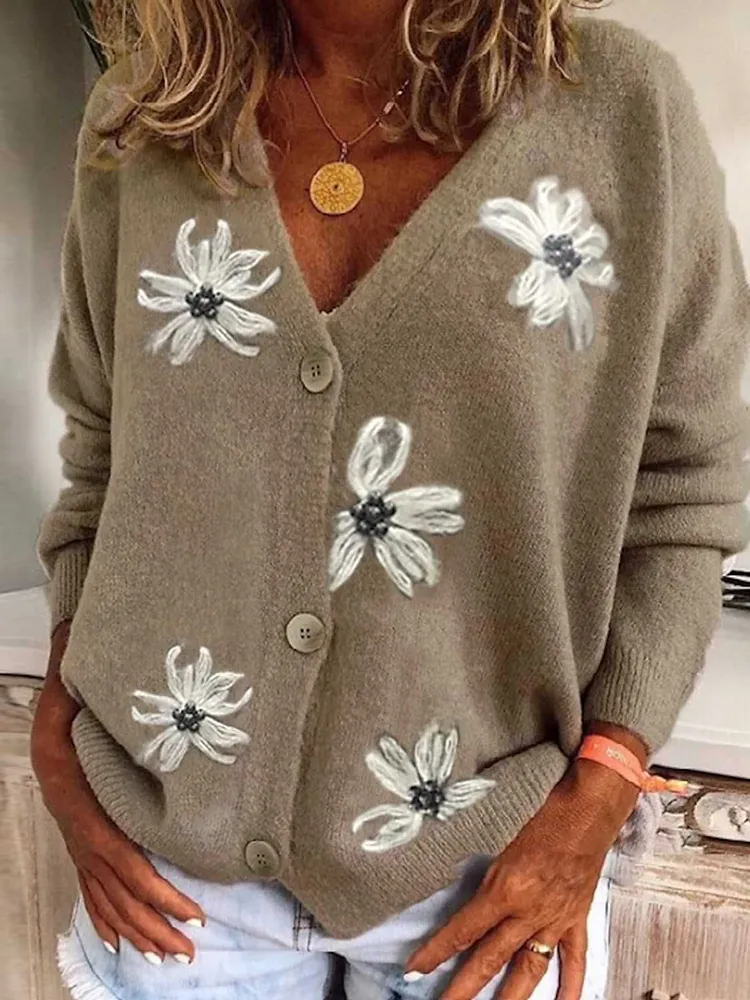 Button Down Floral Casual Comfy Knitwear