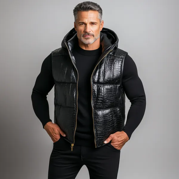 Men's PU Leather Crocodile Pattern Zipper Hooded Vest
