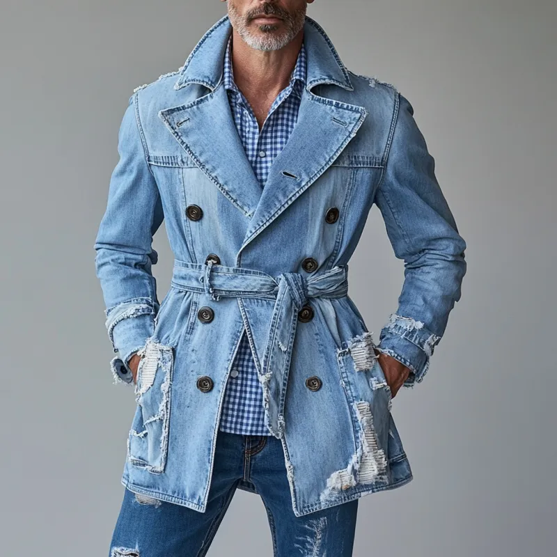Men's Fashion Lapel Double Breasted Pocket Belt Ripped Denim Trench Coat