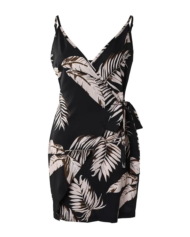 V Neck Leaf Print Mini Dress