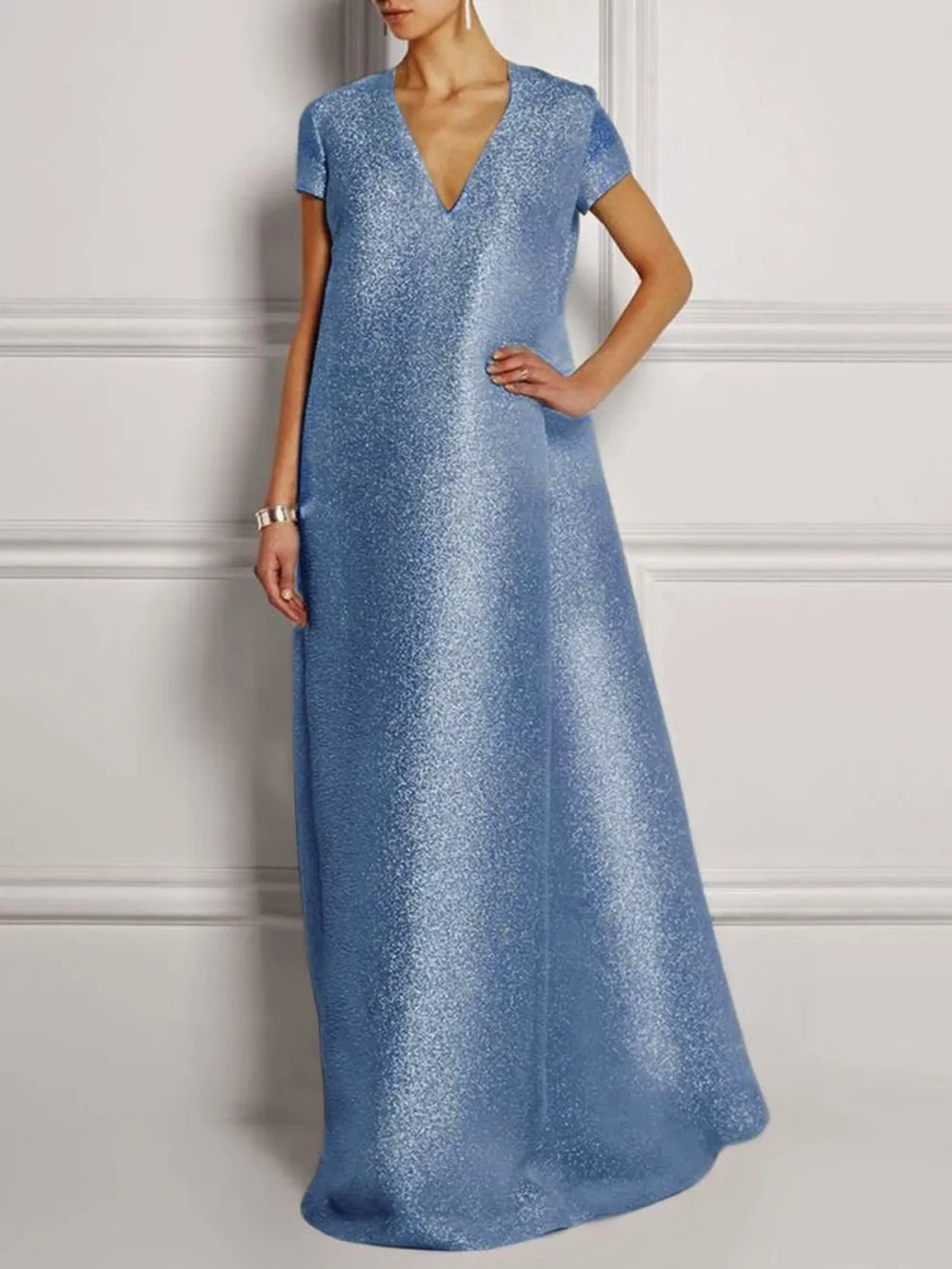 Solid Silver Shift Glitter-finished Elegant Prom Maxi Dress