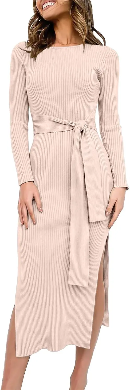 Long Sleeve Sweater Dress Crew Neck Slim Fit Slit Tie Waist 2024 Ribbed Knit Bodycon Midi Dress Fall Outfits