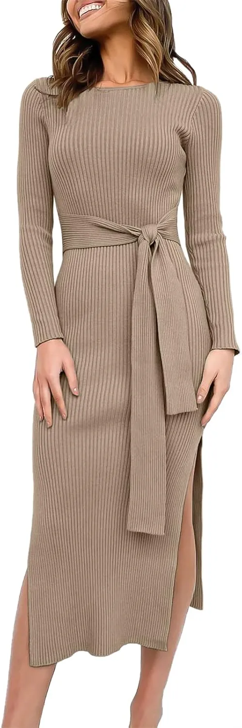 Long Sleeve Sweater Dress Crew Neck Slim Fit Slit Tie Waist 2024 Ribbed Knit Bodycon Midi Dress Fall Outfits