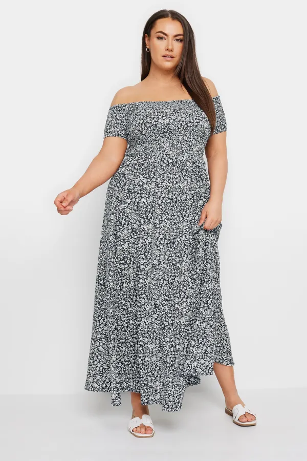 YOURS Curve Navy Blue Floral Print Bardot Midaxi Dress