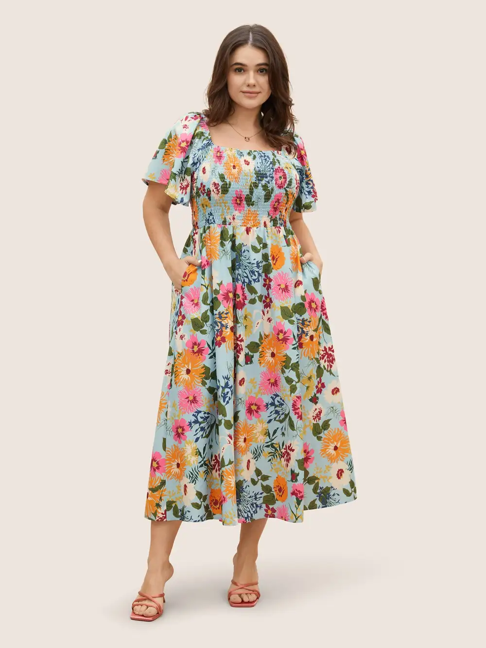 Floral Shirred Square Neck Pocket Midi Dress