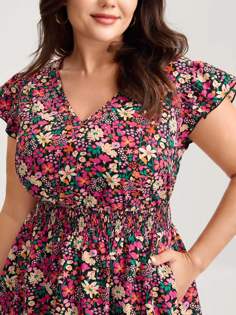 Floral Print Shirred Waist Ruffled Midi Dress