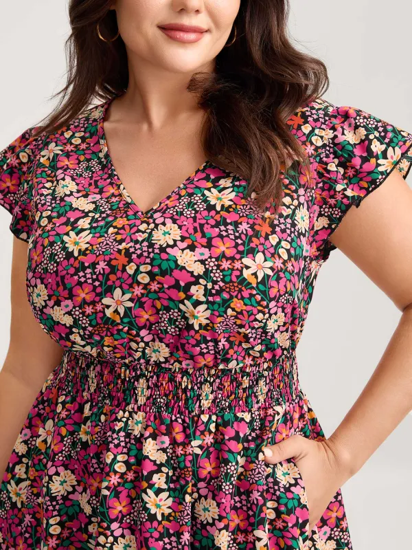 Floral Print Shirred Waist Ruffled Midi Dress