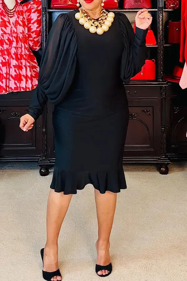  Puff Sleeve Simple Ruffle Hem Midi Dress