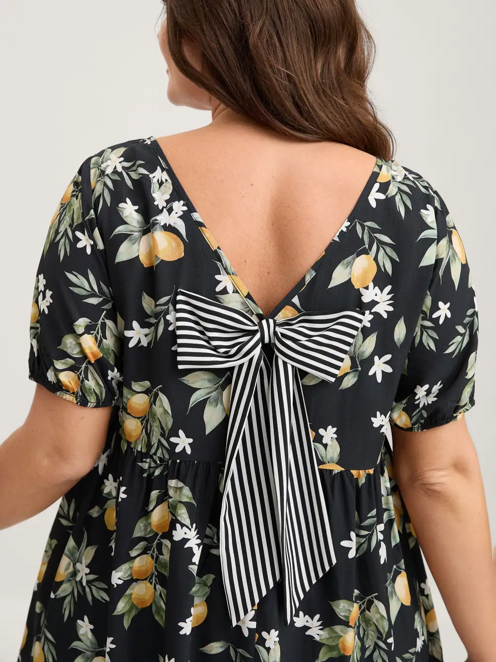 Citrus Print Bow Backless Blouse