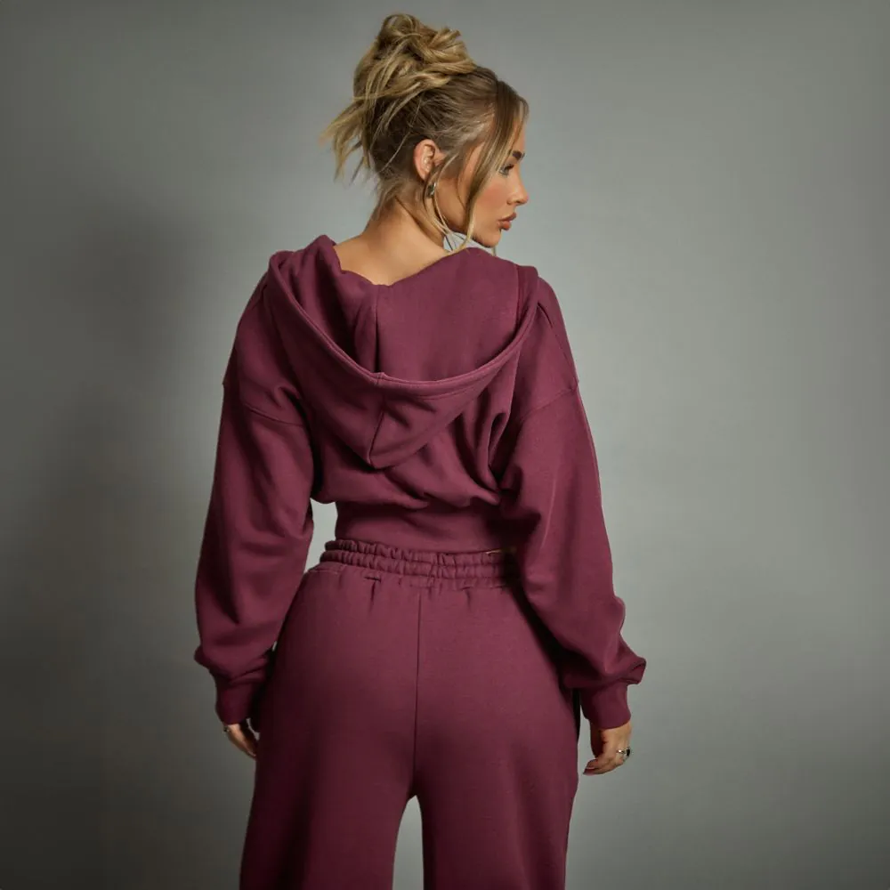 Zip Through Cropped Hoodie In Plum