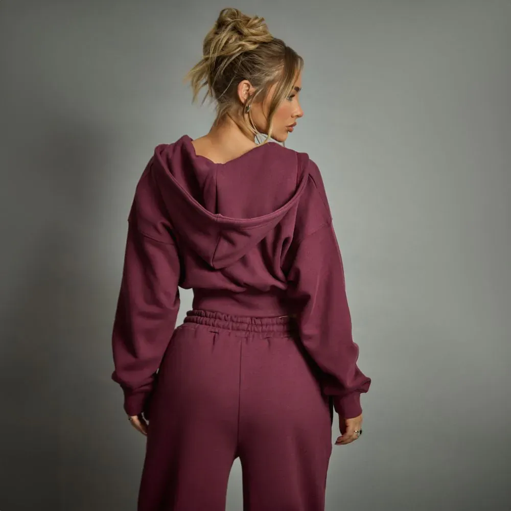 Zip Through Cropped Hoodie In Plum