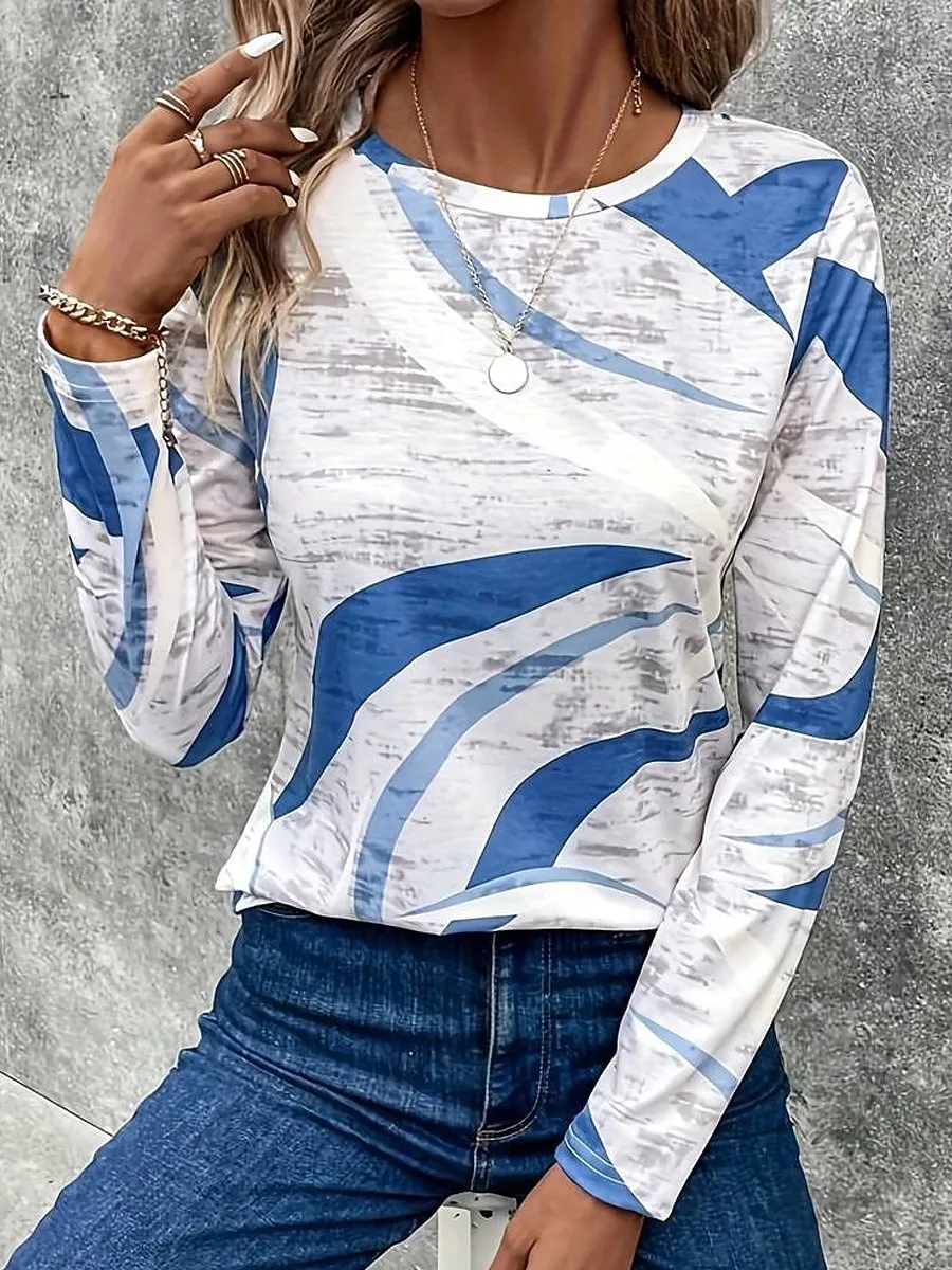 Women's T shirt Long Sleeve Crew Neck Long Sleeve Tunic Casual Print Regular Tops Daily Blue Purple Khaki Spring Fall Prefall