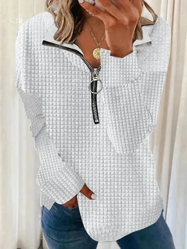 Women's Sweatshirt Pullover Textured Basic Quarter Zip Black White Blue Solid Color Street Casual V Neck Long Sleeve Top Micro-elastic Fall & Winter