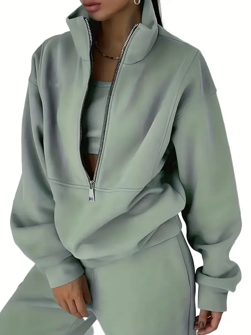 Two-Piece Solid Color Casual Outfit - High Neck Zip Front Long Sleeve Sweatshirt & Elastic Waist Pants