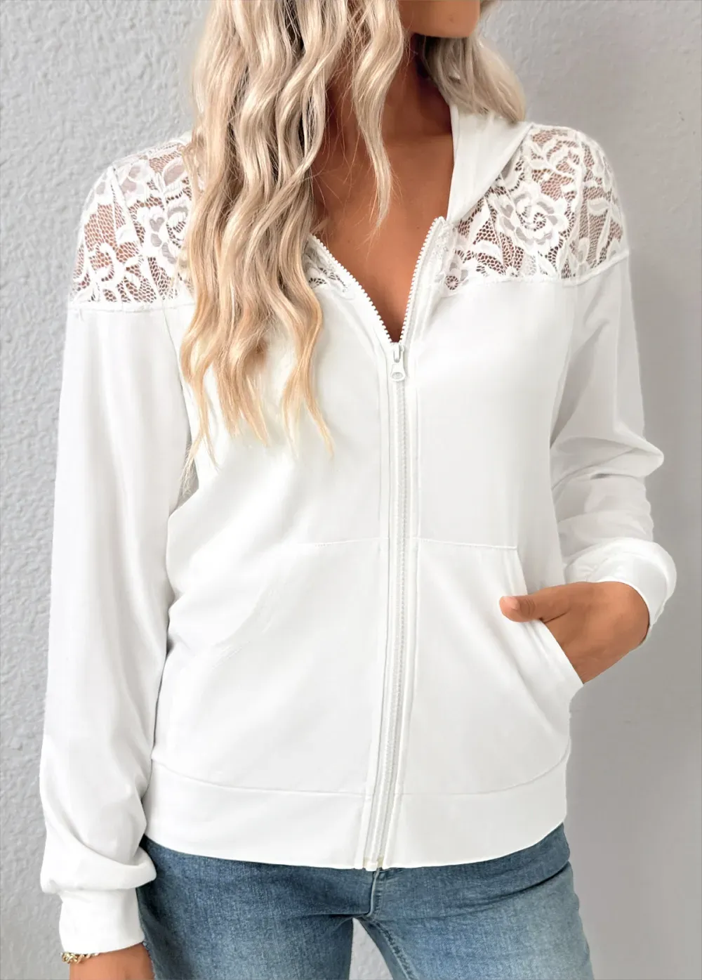 White Double Side Pockets Long Sleeve Coat