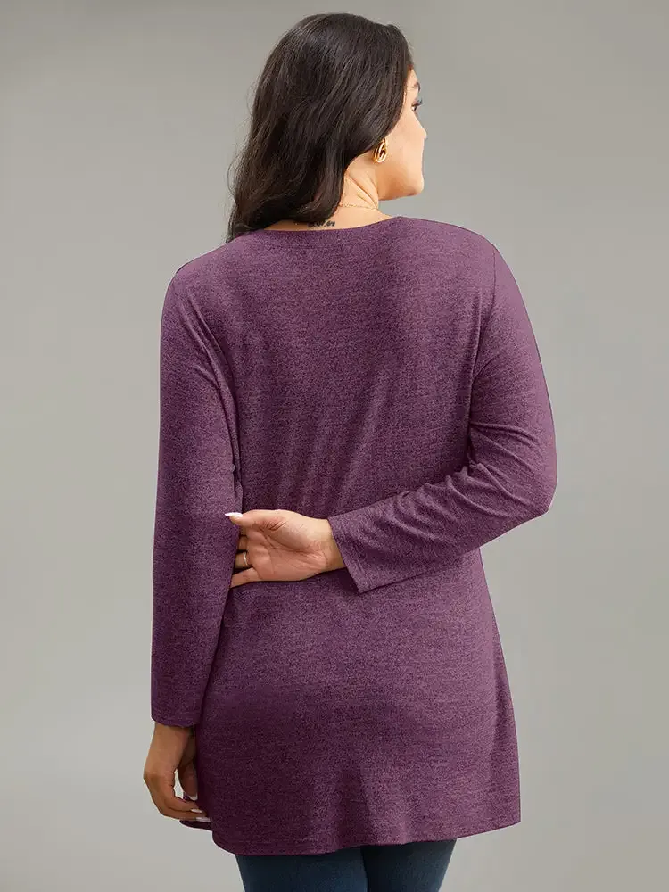 Contrast Patchwork Crew Neck Button Detail T-Shirt