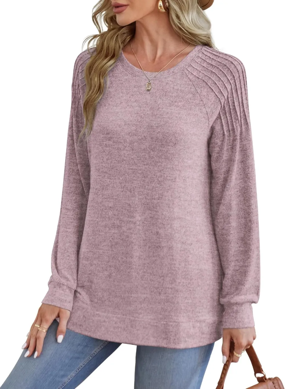 Sweatshirt for Women Crewneck Pleated Long Sleeve Shirts Tunic Tops Fashion 2024