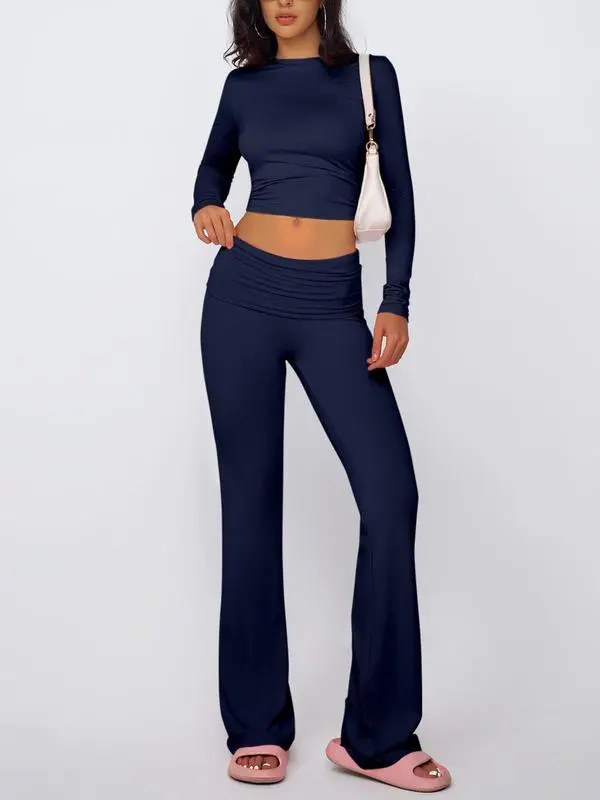 Women's Summer 2-Piece Set: Long-Sleeve Crop Tee + Fold-Over Waist Flare Leg Pants (Casual Elegant)