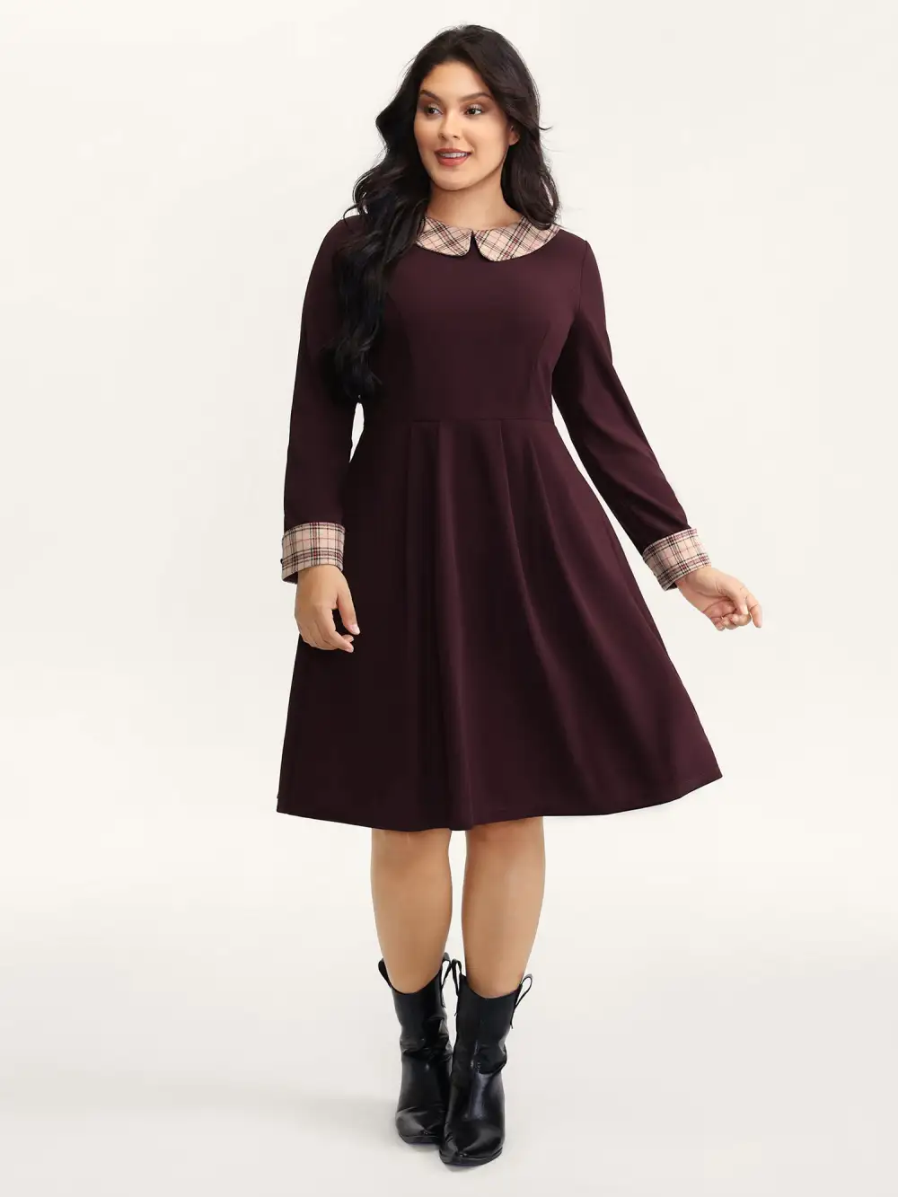 Plaid Collar Pleated Stretchy Waist Midi Dress