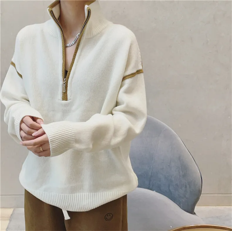 Stand Collar Zip Colorblock Loose Fashion Sweater