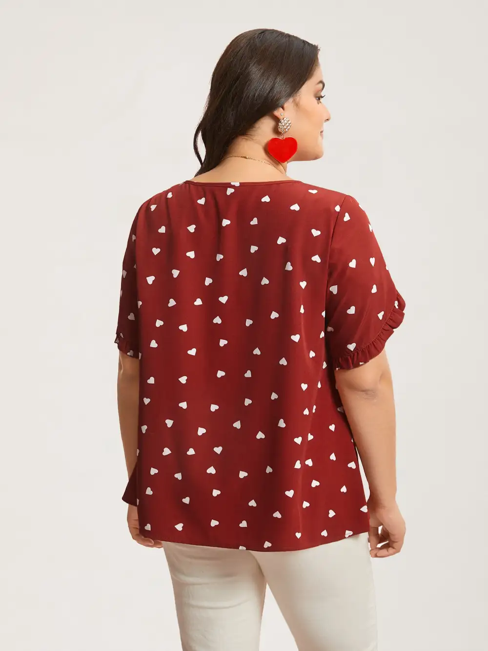 Ruffled Overlap Sleeve Heart Pattern Blouse