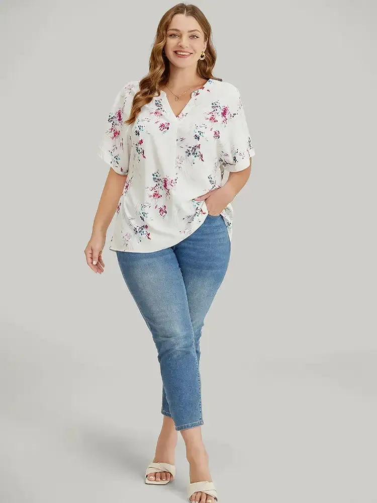 Floral Roll Batwing Sleeve Notched Neck Blouse
