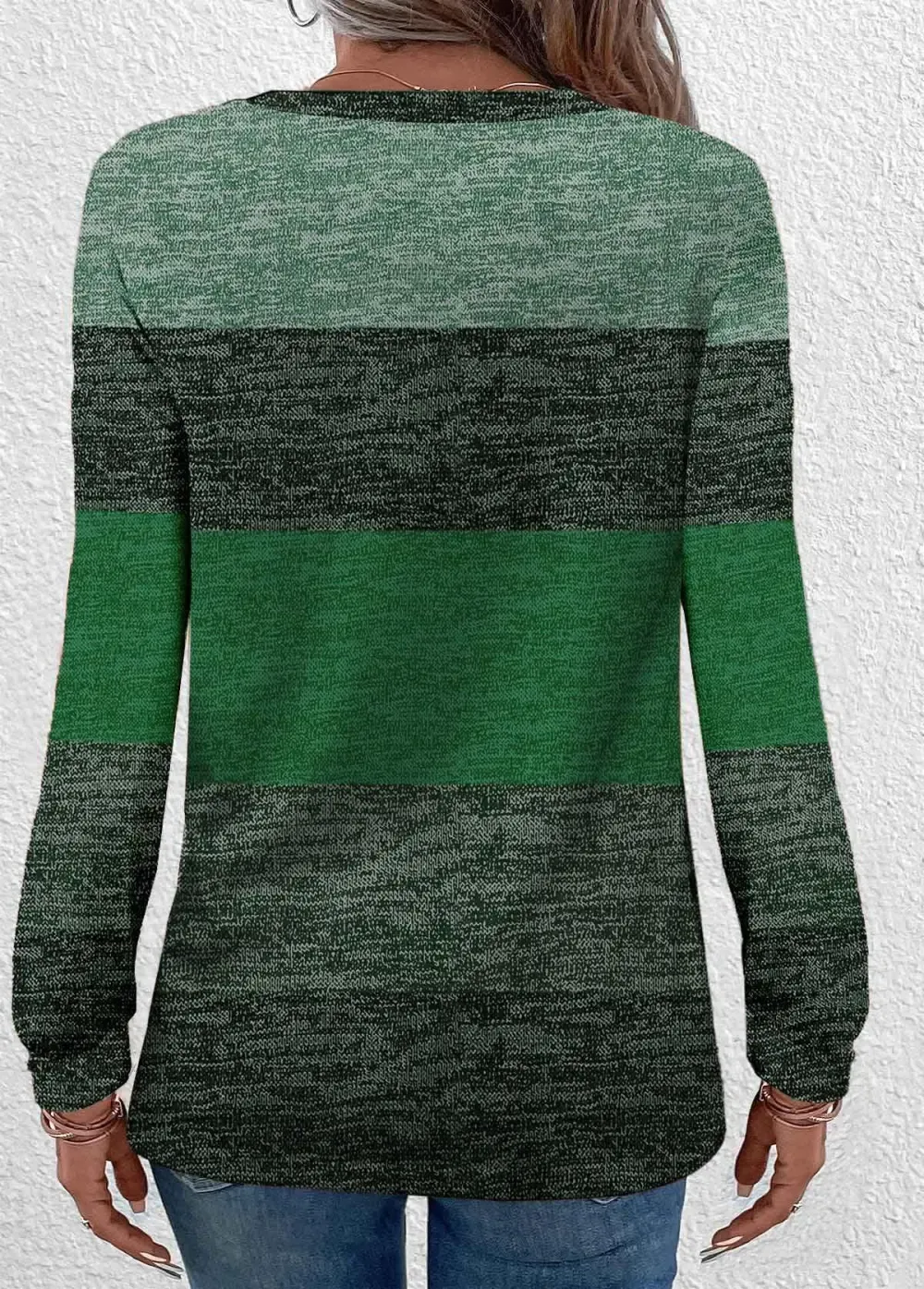 Green Button Long Sleeve Round Neck T Shirt