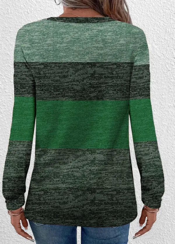 Green Button Long Sleeve Round Neck T Shirt