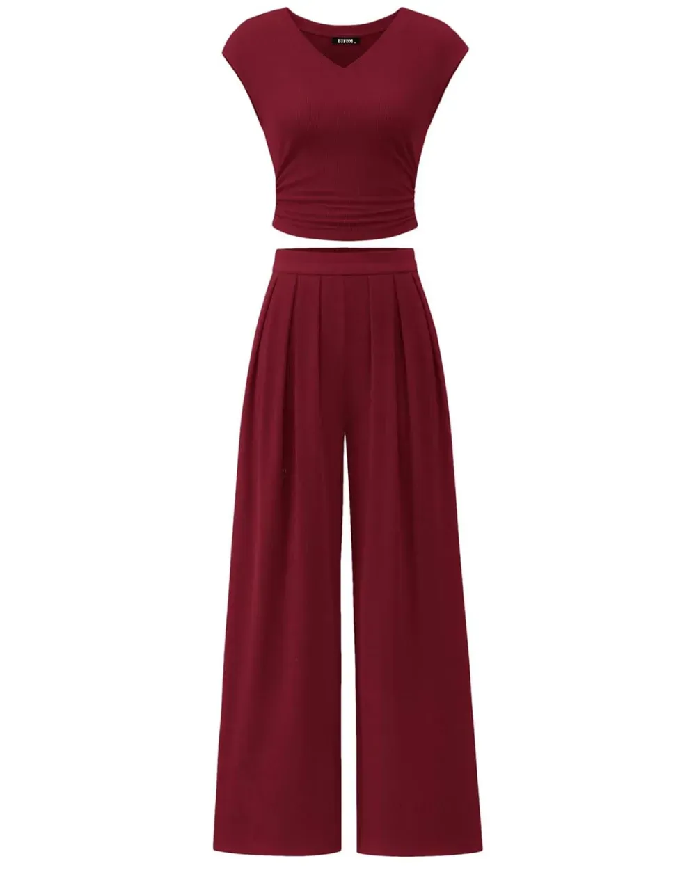 ✨Women's casual ribbed knit suit V-neck short sleeve with wide-leg pants