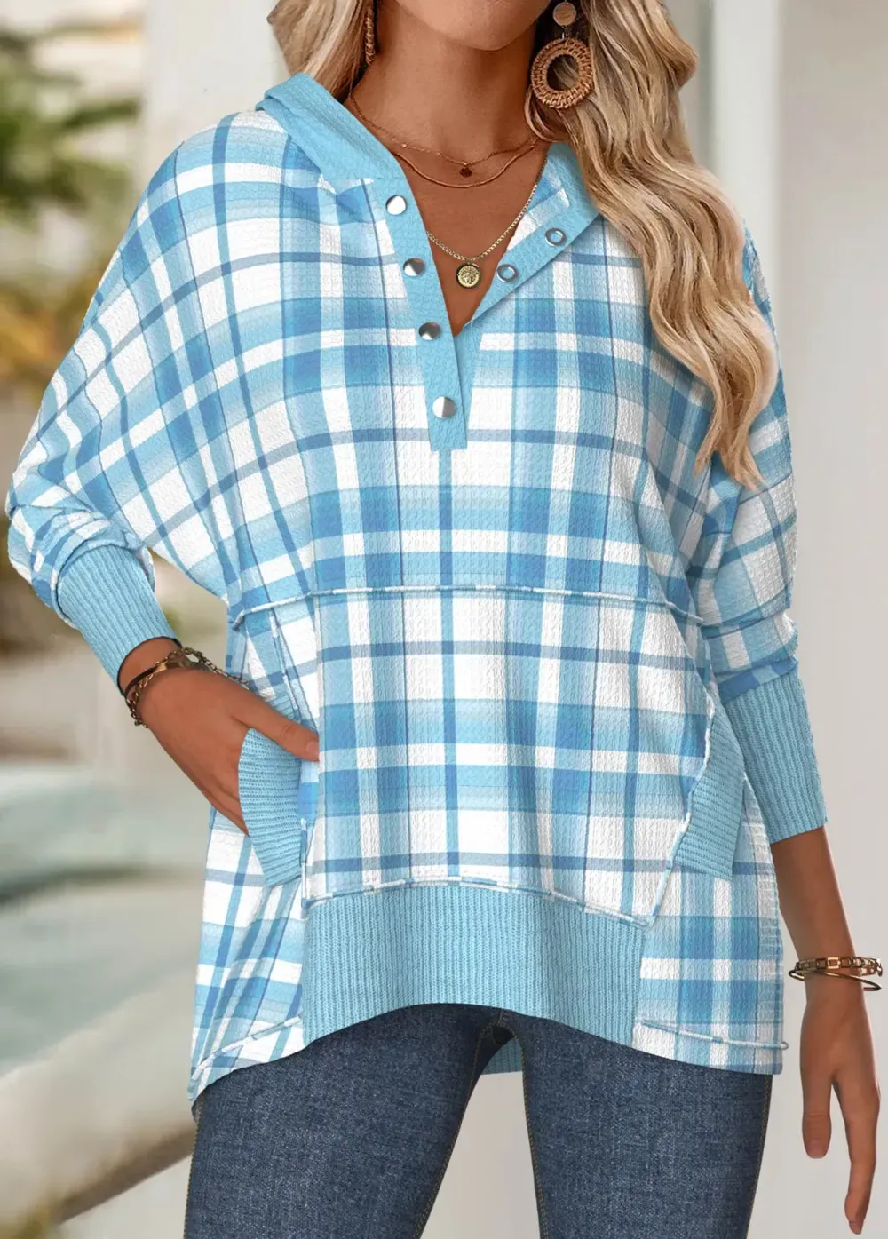 Blue Tummy Coverage Plaid Long Sleeve Hoodie