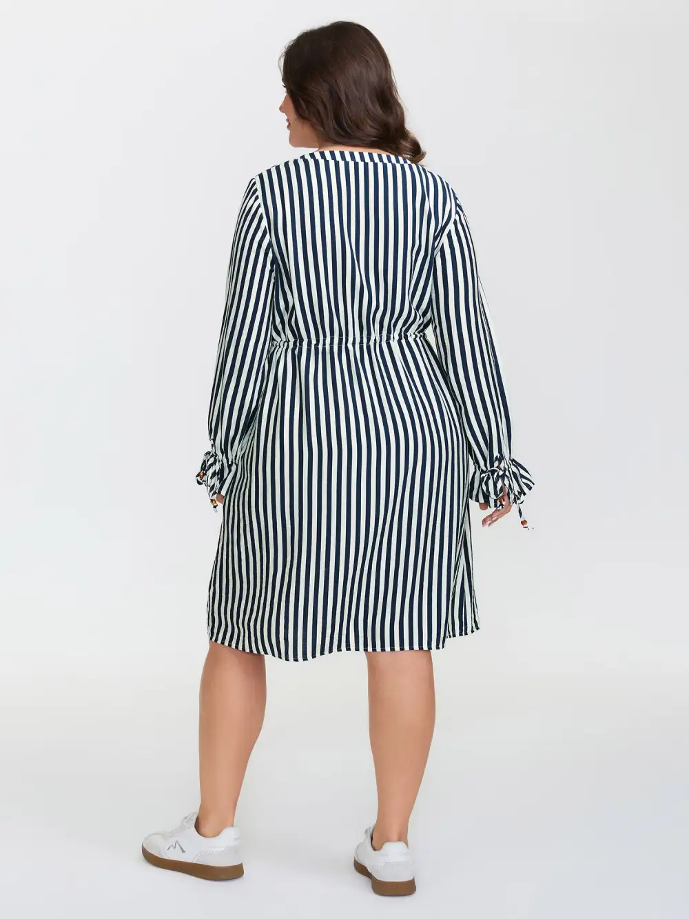 Rayon Stripe Pockets Drawstring Midi Dress