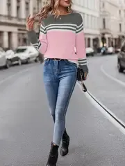 Color Block Boat Neck Knitted Top, Casual Long Sleeve Pullover Sweater For Fall & Winter, Women's Clothing