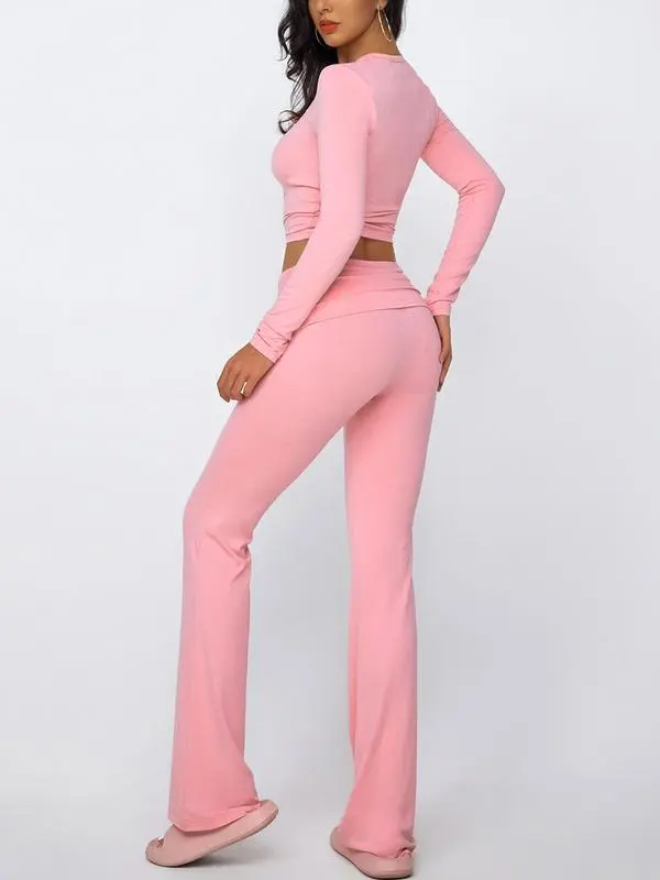 Women's Summer 2-Piece Set: Long-Sleeve Crop Tee + Fold-Over Waist Flare Leg Pants (Casual Elegant)