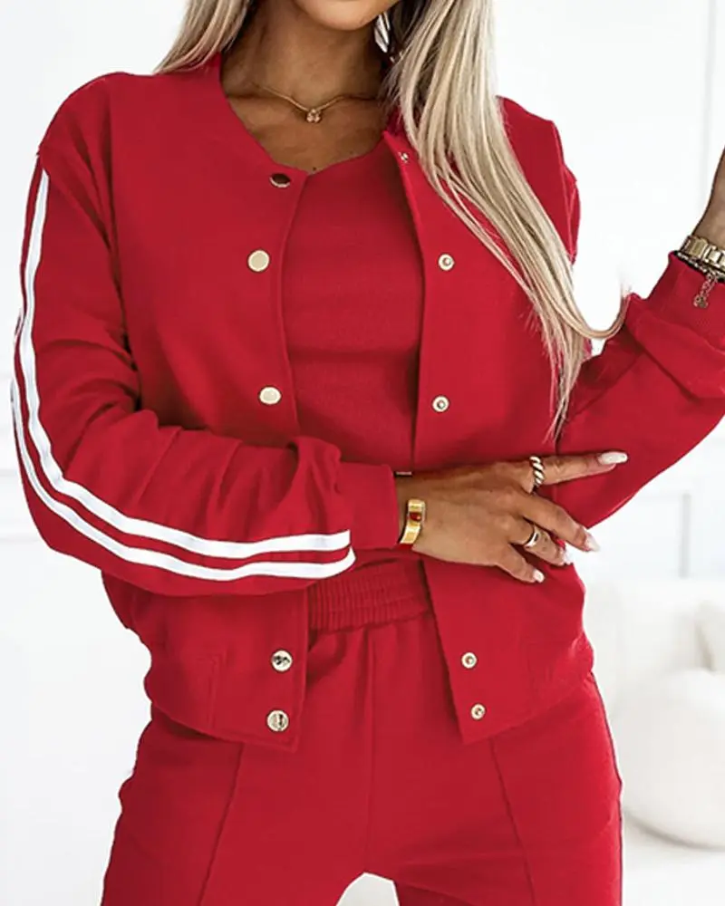 3 Piece Outfits Matching Sets Striped Tape Patch Tank Tops Button Front Jacket Cuffed Pants with Pockets Tracksuit