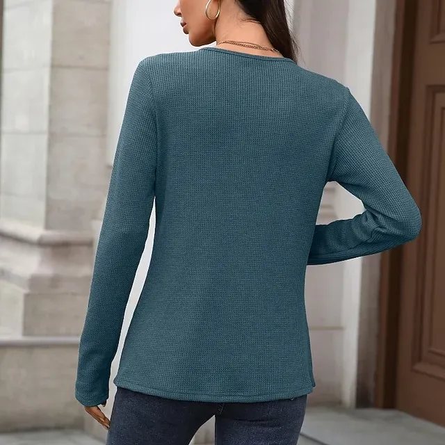 Women's Texture Blouse T Shirt Plain Casual Long Sleeve V Neck Regular Tops Daily Going out Buttons Black Dusty Blue Fuchsia Brown Beige Fall