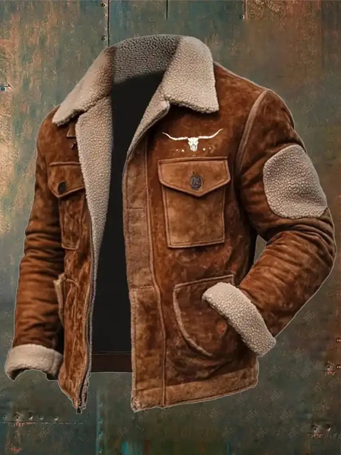 Men's Vintage Western Print Pocket Jacket