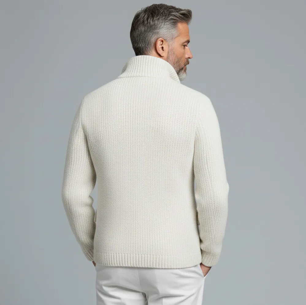 Men's White Ribbed Knit Double Breasted Turndown Collar Long Sleeve Sweater Cardigan