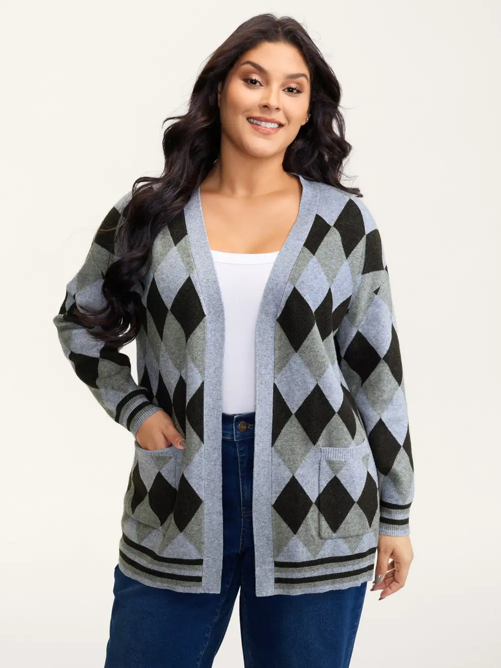 Geometrical Pattern Open-Front Knit Cardigan