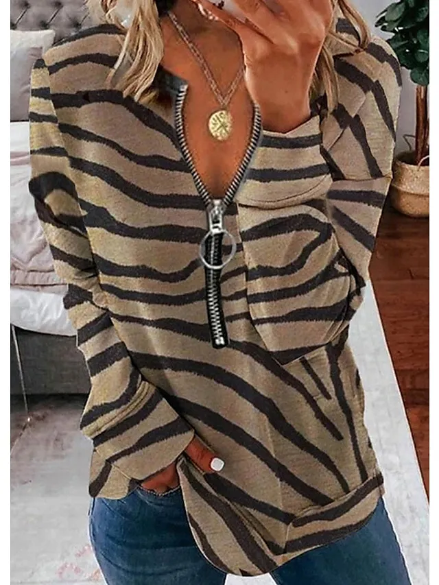 Women's Sweatshirt Pullover Active Quarter Zip Brown Striped Casual Sports V Neck Long Sleeve Top Micro-elastic Fall & Winter
