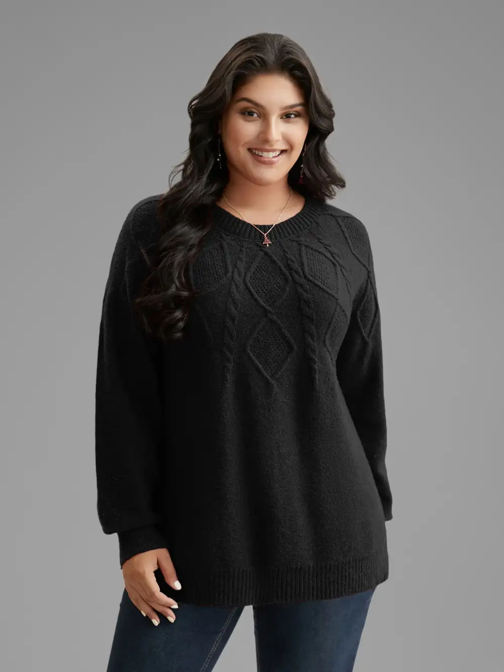 Cable Knit Bodice Crew-Neck Pullover