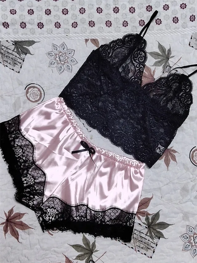 Women's Pajama Top and Pant Sets 2 Pcs Pure Color Fashion Hot Casual Home Daily Bed Satin Breathable Straps Sleeveless Strap Top Shorts Backless Summer Spring Black Pink