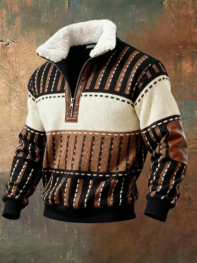 Men's Retro Color Block Print Casual Fur Collar Sweatshirt