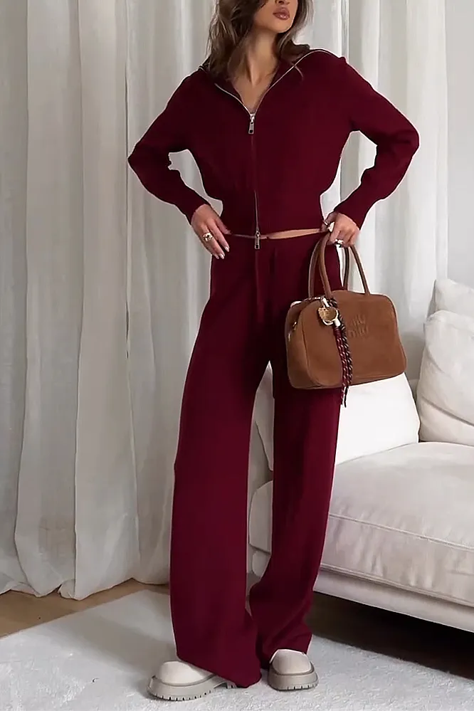 Women's Solid Color Knitted Zipper Top & Pants Two Piece Set