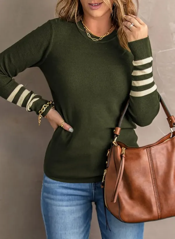 HOT SALE Women's Casual Crew Neck Striped Sleeve Knit Sweaters