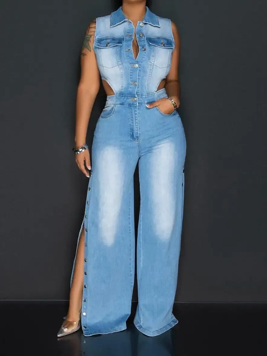 Women's Lapel Hollow Slit Denim Jumpsuit