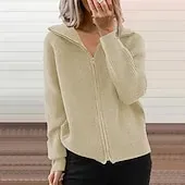 Women's Cardigan Fashion Solid Color Ribbed Shirt Collar Zipper Knitted Long Sleeve Regular Tops Knit Outdoor Daily Holiday Black Green Fall