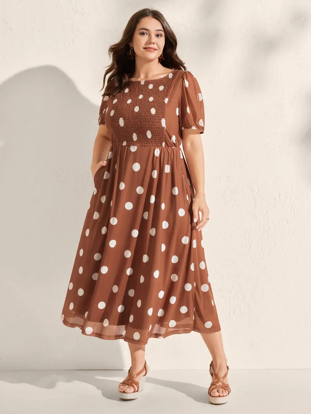 Polka Dots Shirred Bust Ease Midi Dress